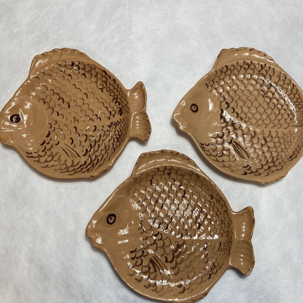 3 Vintage Unmarked Fish Plates. 9”  Tan